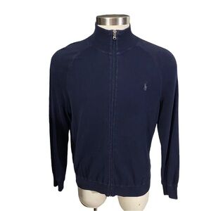 Polo Ralph Lauren Men Navy Blue Green Pony Knit Full Zip Jacket Sz L 100% Cotton
